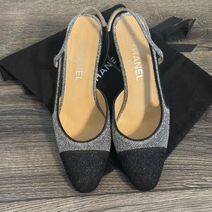 CHANEL Black Silver Glitter CC Slingback Pumps - 38C